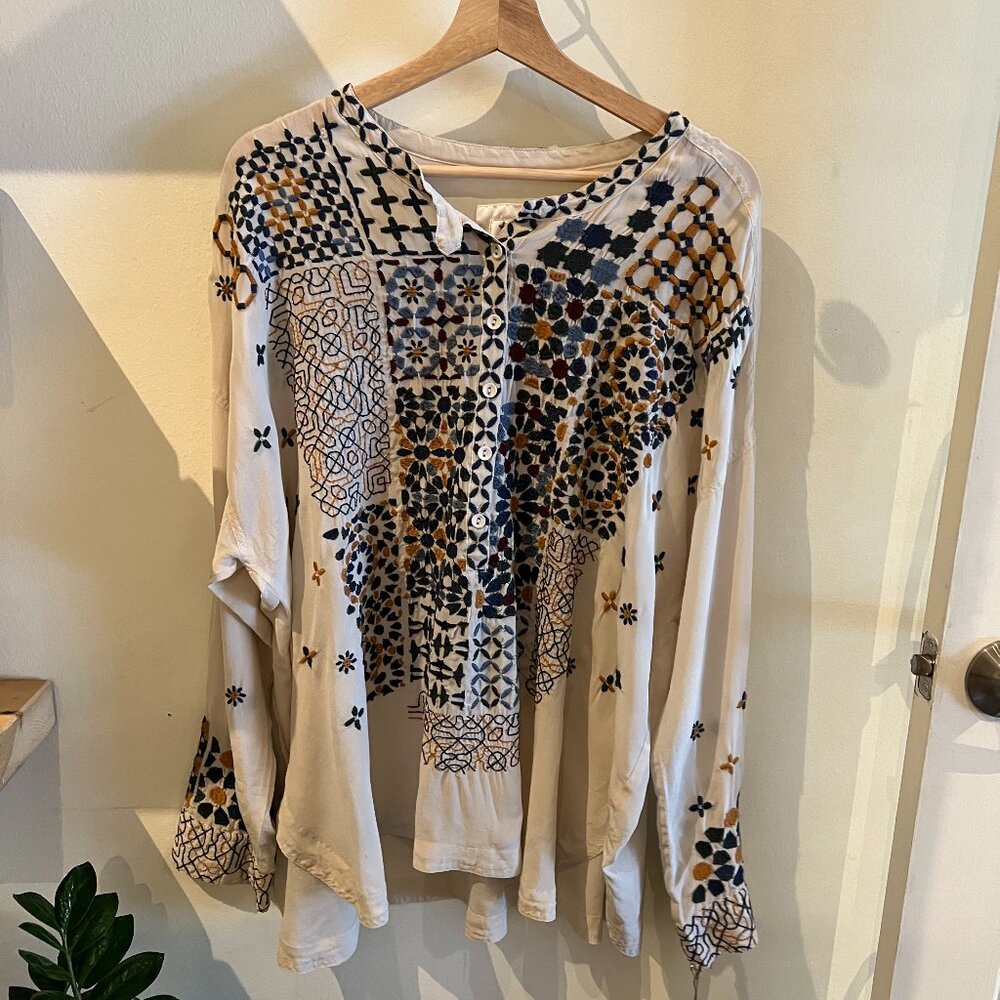 Johnny Was Silk Embroidered Blouse